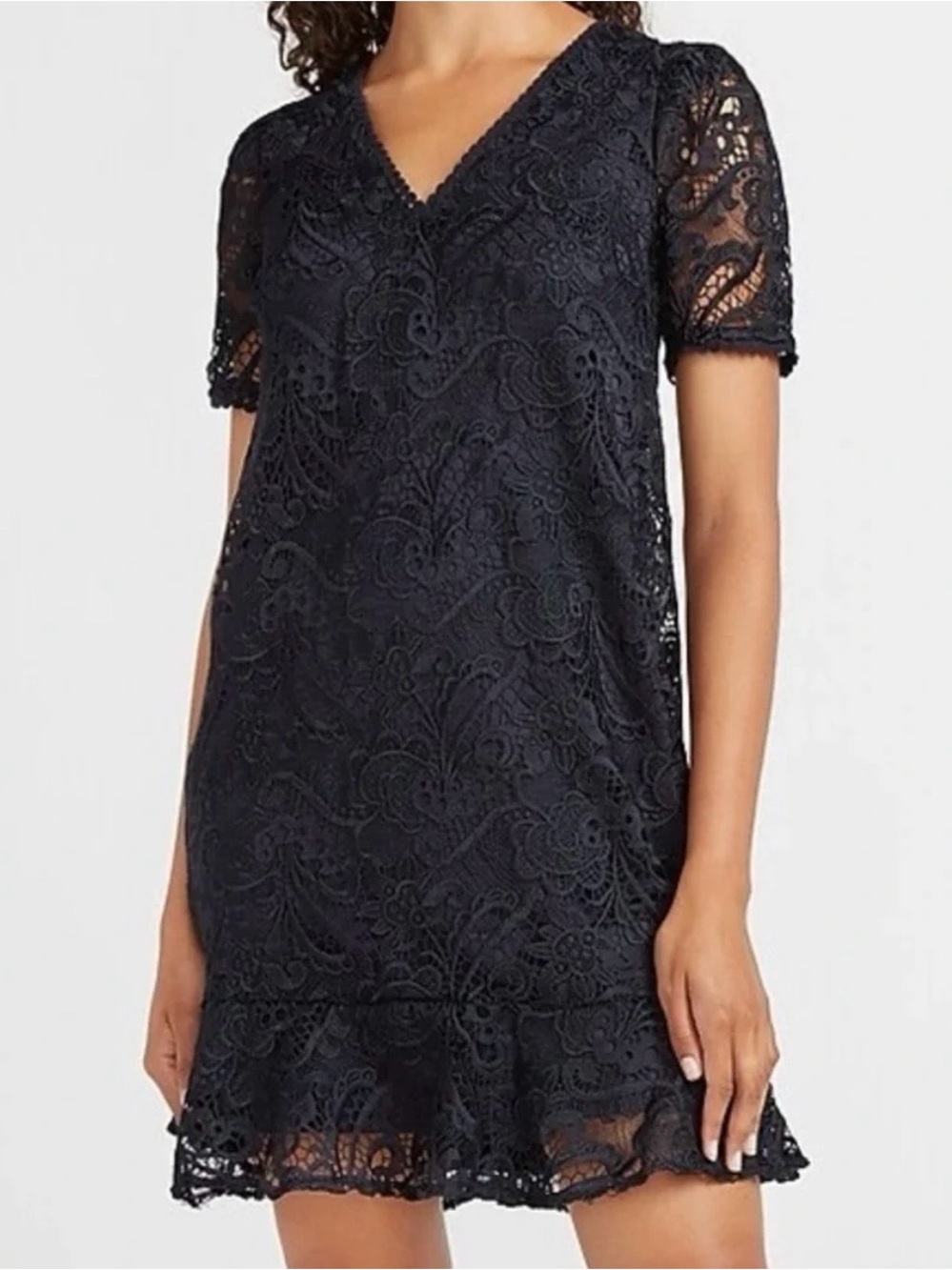 express black ruffle dress | Dresses | Express Lace Vneck Hem Mini Size:CA 16 Sexy Dress for Women Black Shoes with Pink Perfect for garden parties